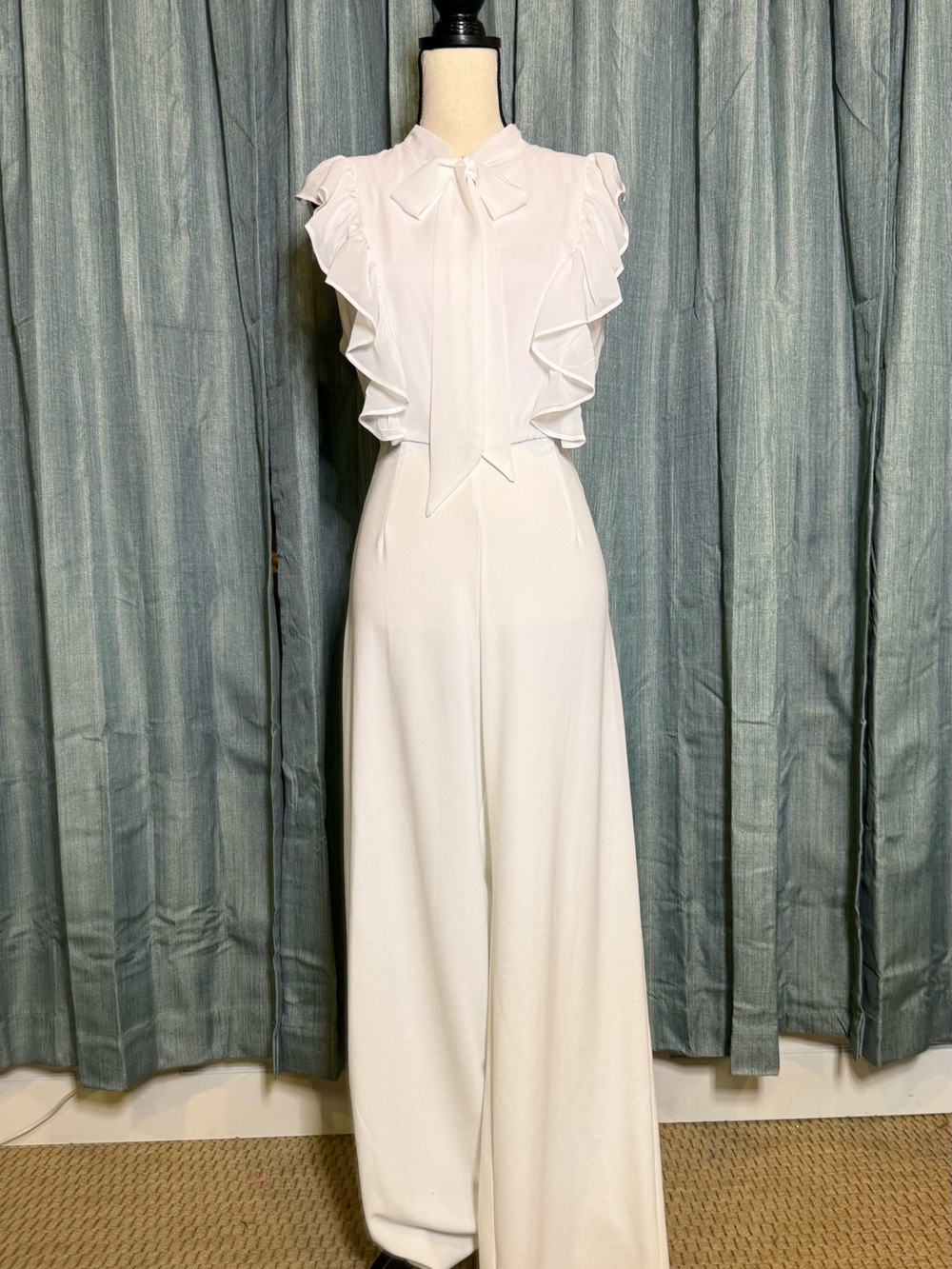 New York & Company White Ruffle Wide-Leg Jumpsuit with Bow